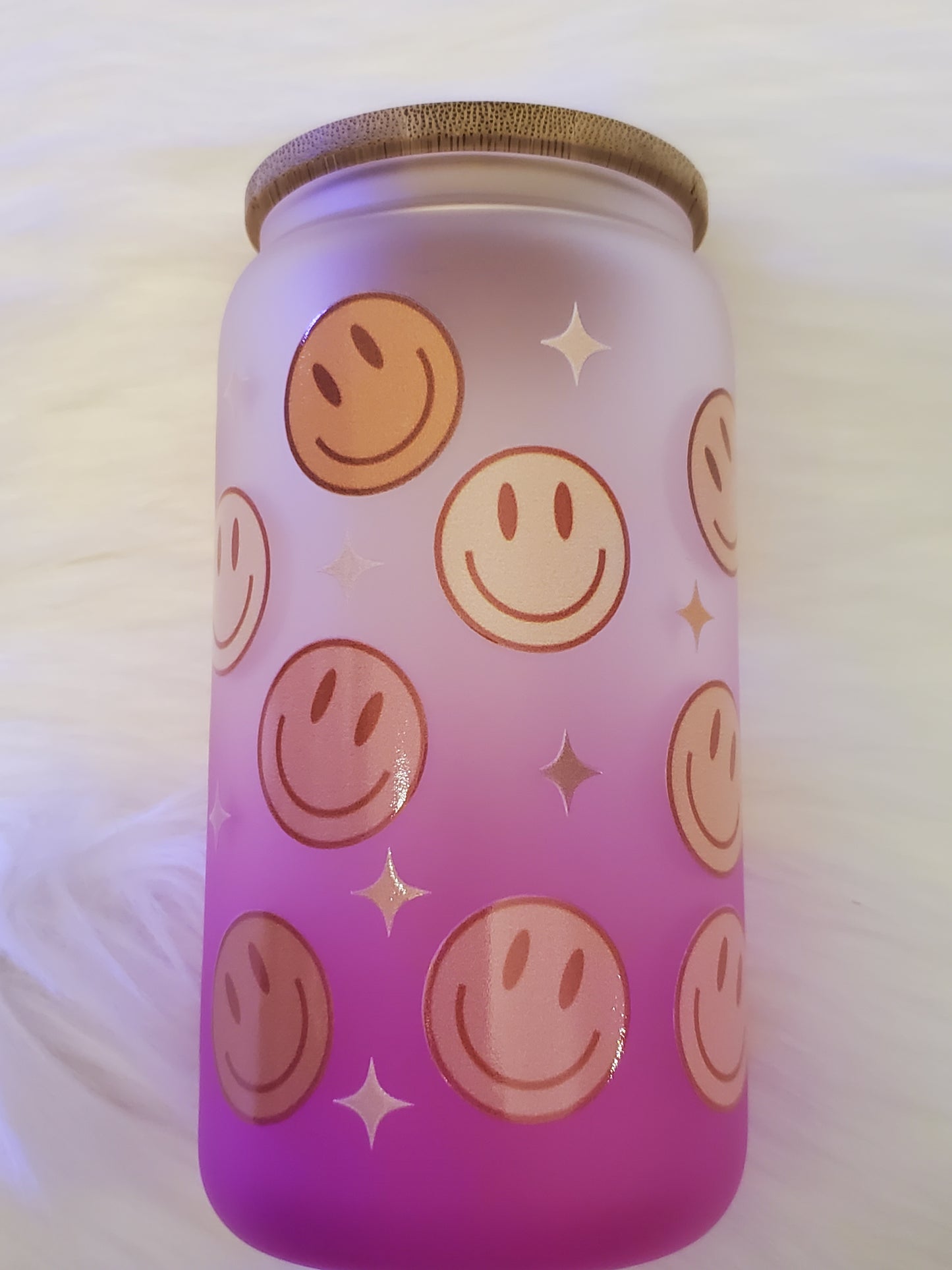 Happy Face Frosted Pink Ombre Glass Can