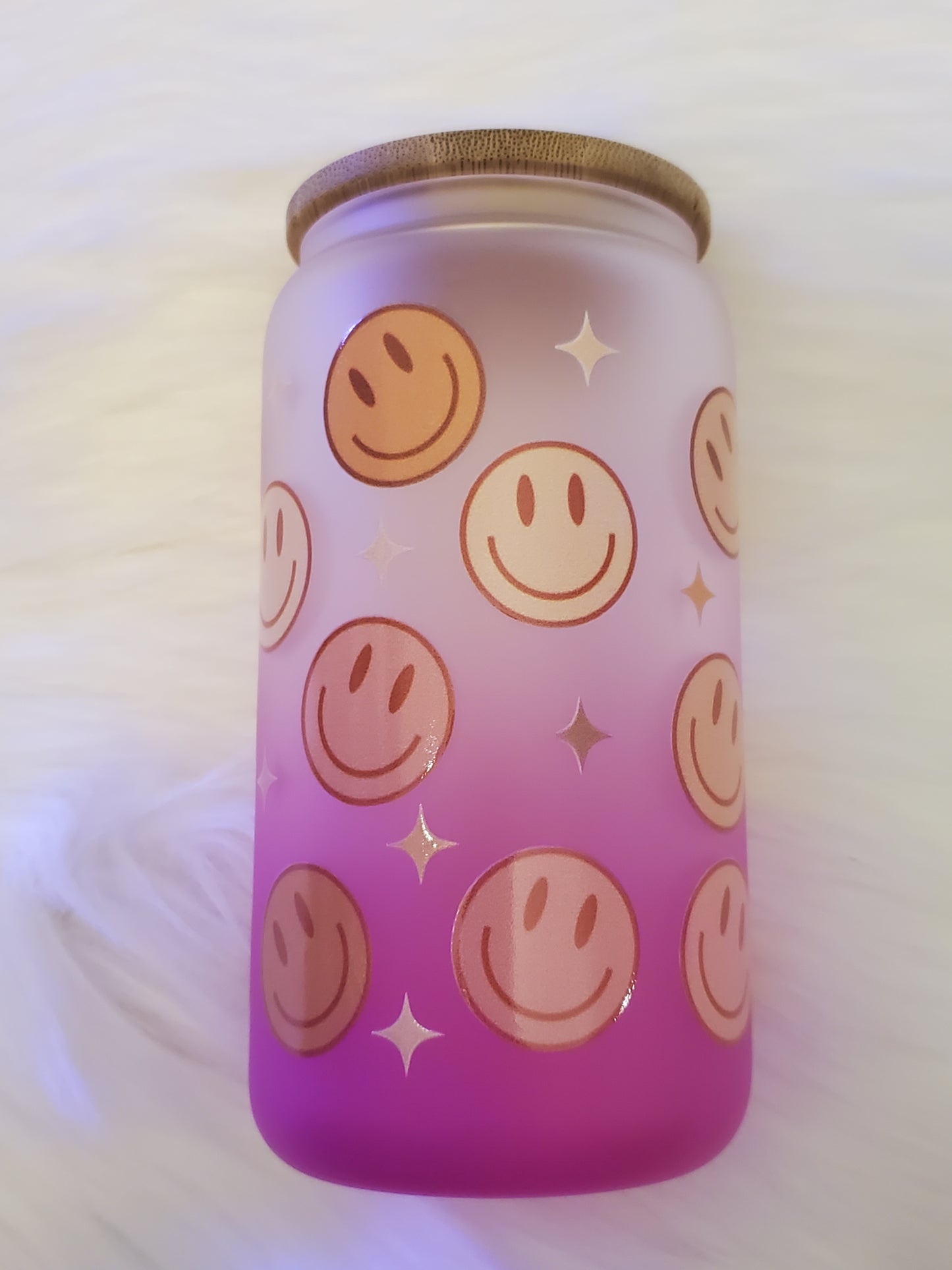 Happy Face Frosted Pink Ombre Glass Can